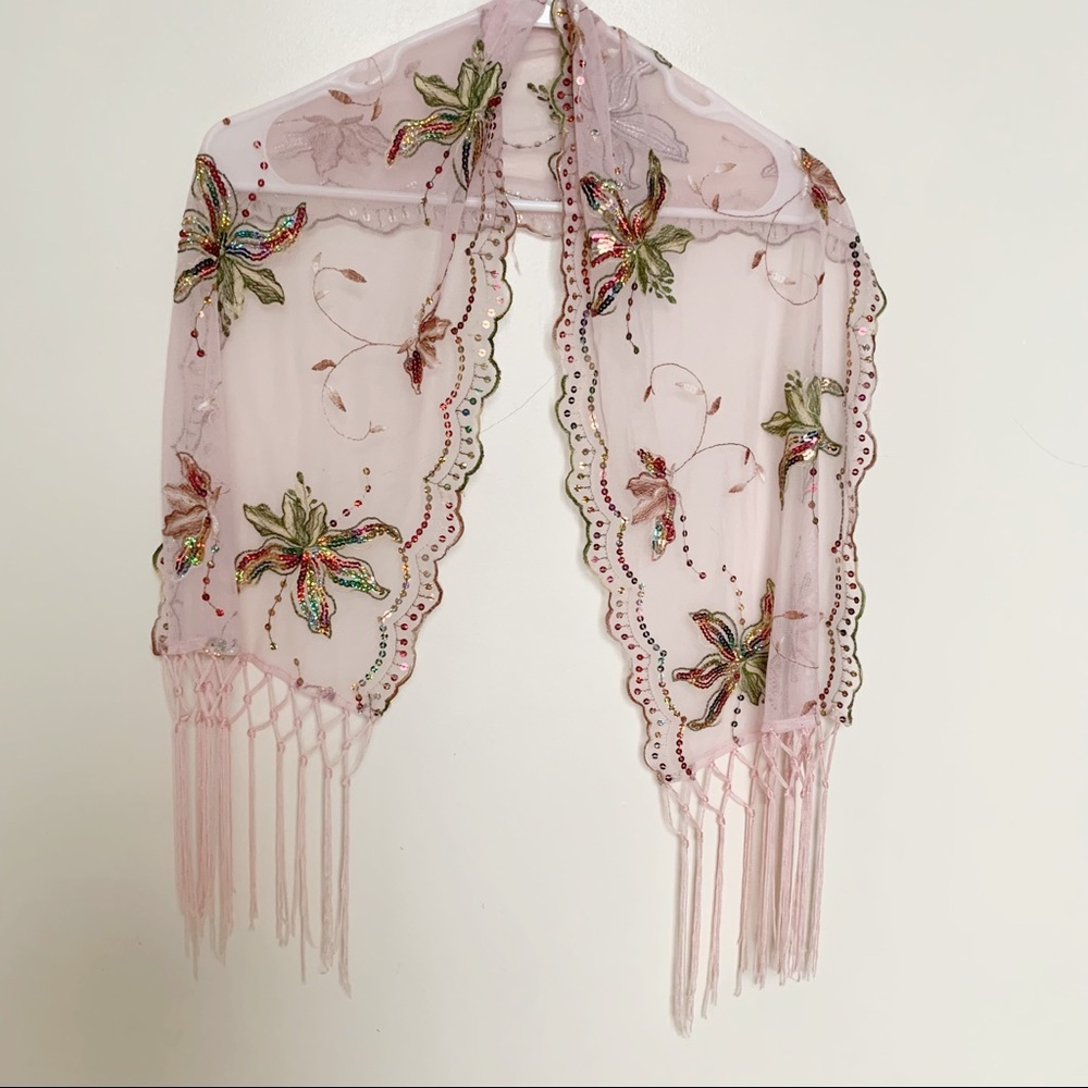 Vintage Sequin Scarf Floral Pink Sheer